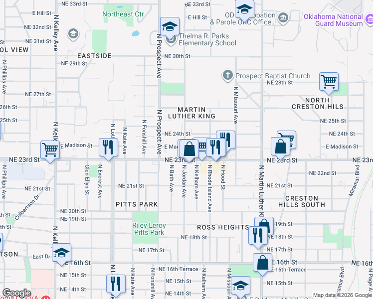map of restaurants, bars, coffee shops, grocery stores, and more near 1600 East Madison Street in Oklahoma City