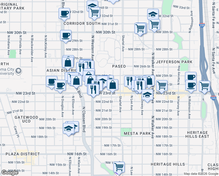 map of restaurants, bars, coffee shops, grocery stores, and more near 900 Northwest 24th Street in Oklahoma City