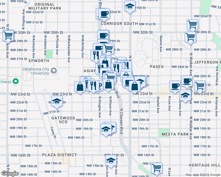 map of restaurants, bars, coffee shops, grocery stores, and more near in Oklahoma City