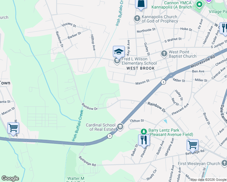 map of restaurants, bars, coffee shops, grocery stores, and more near 1409 Mason Street in Kannapolis