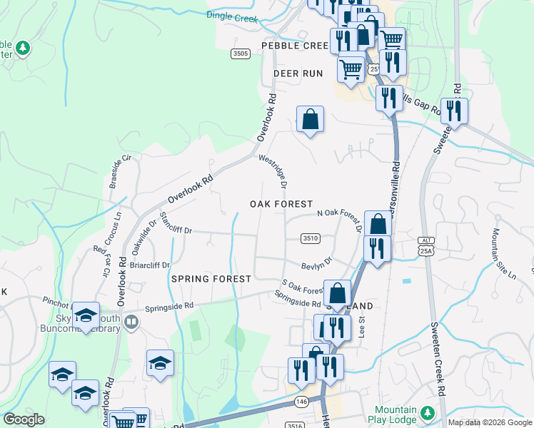 map of restaurants, bars, coffee shops, grocery stores, and more near 20 Westridge Drive in Asheville