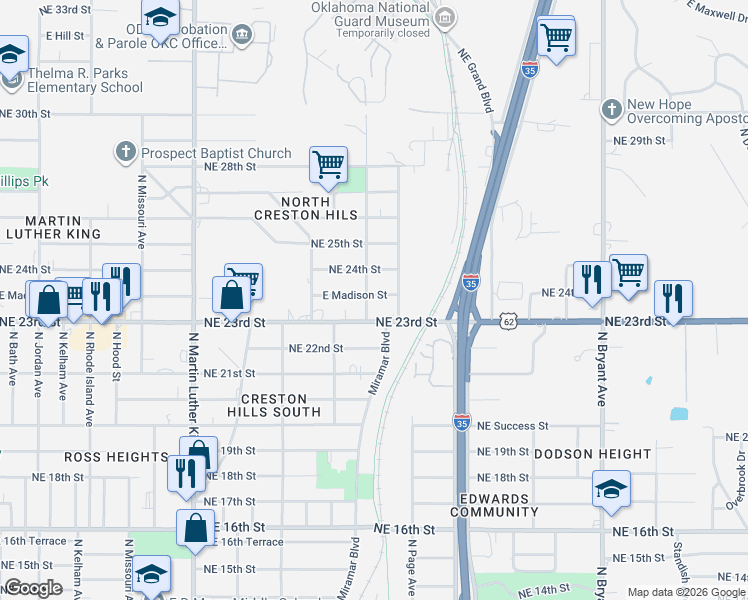 map of restaurants, bars, coffee shops, grocery stores, and more near 2413 East Madison Street in Oklahoma City