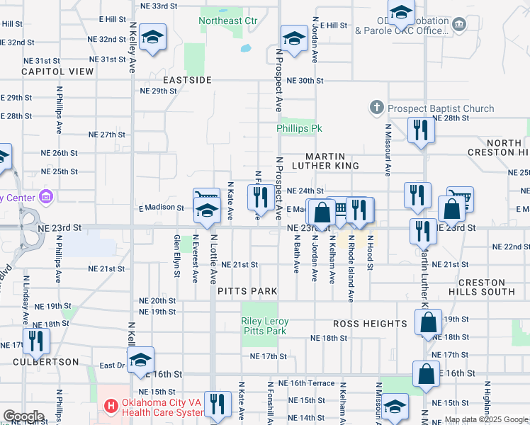 map of restaurants, bars, coffee shops, grocery stores, and more near 1422 Milam Court in Oklahoma City