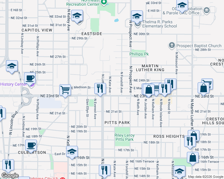 map of restaurants, bars, coffee shops, grocery stores, and more near 1410 Milam Court in Oklahoma City