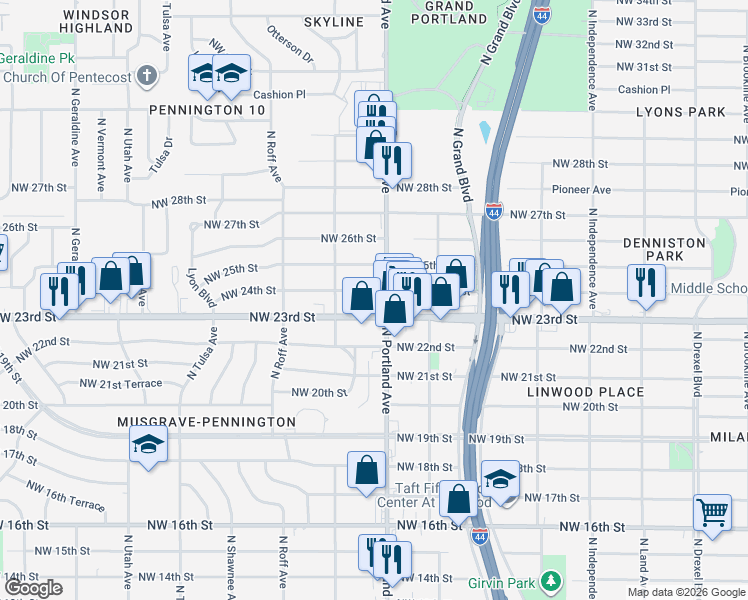 map of restaurants, bars, coffee shops, grocery stores, and more near 3713 Northwest 24th Street in Oklahoma City