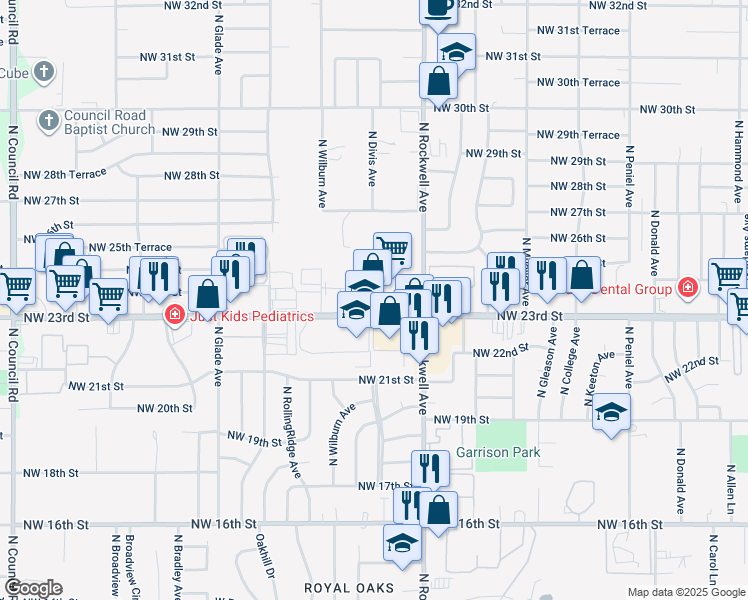 map of restaurants, bars, coffee shops, grocery stores, and more near 7205-7311 Northwest 23rd Street in Bethany