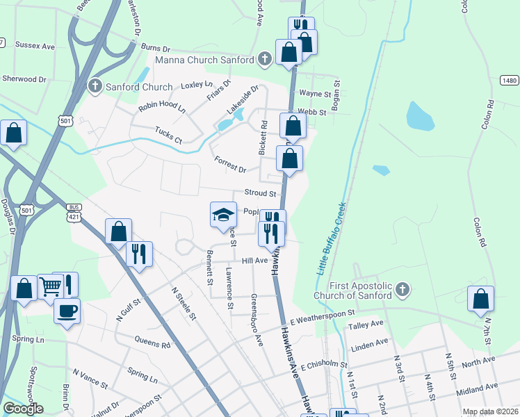 map of restaurants, bars, coffee shops, grocery stores, and more near 215 Poplar Street in Sanford