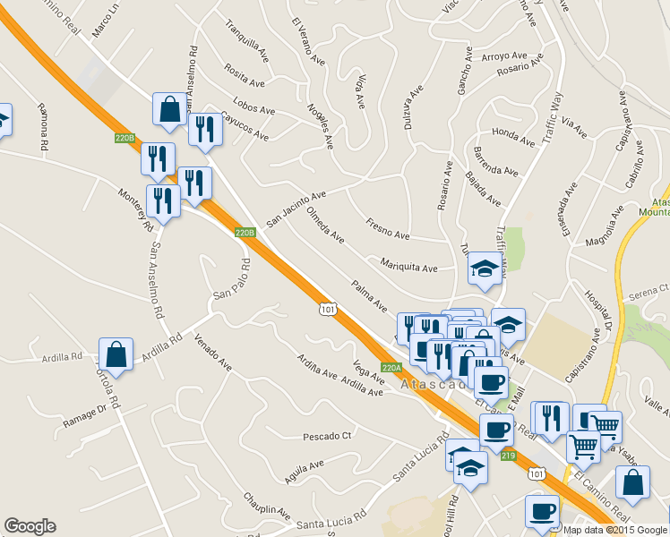 map of restaurants, bars, coffee shops, grocery stores, and more near 5200 Palma Avenue in Atascadero