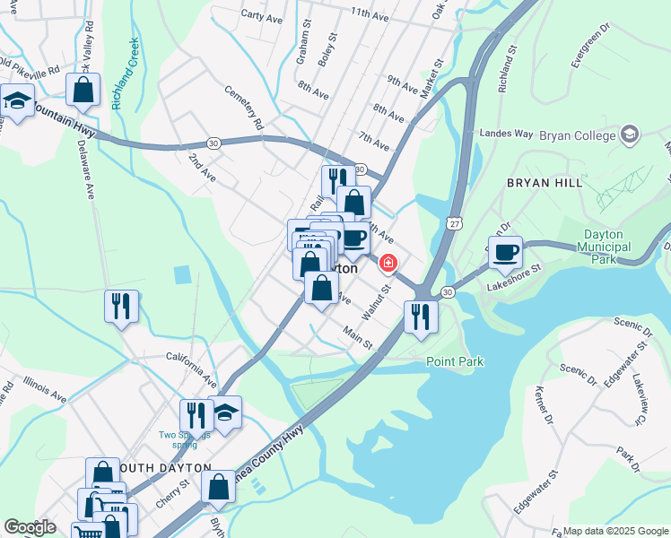 map of restaurants, bars, coffee shops, grocery stores, and more near in Dayton