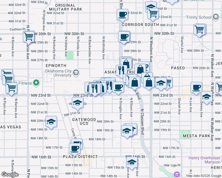 map of restaurants, bars, coffee shops, grocery stores, and more near 1428 Northwest 24th Street in Oklahoma City
