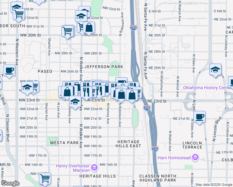 map of restaurants, bars, coffee shops, grocery stores, and more near 2417 North Robinson Avenue in Oklahoma City