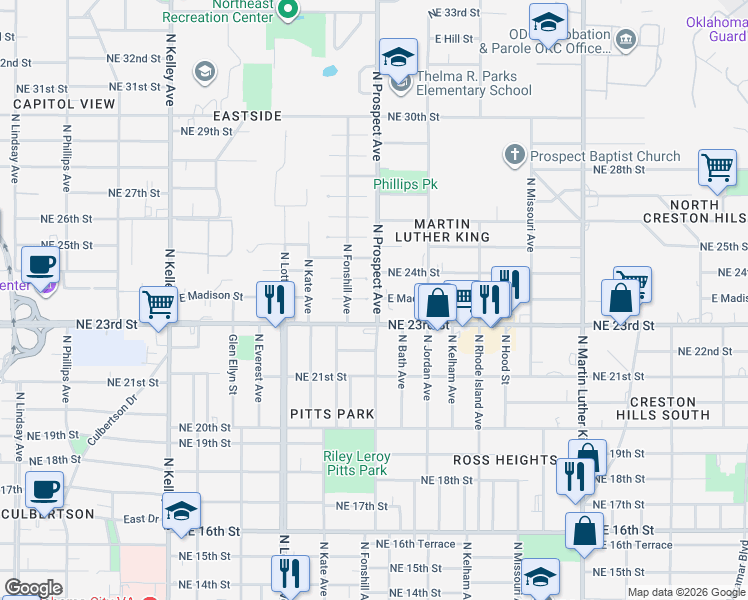 map of restaurants, bars, coffee shops, grocery stores, and more near 1509 East Madison Street in Oklahoma City