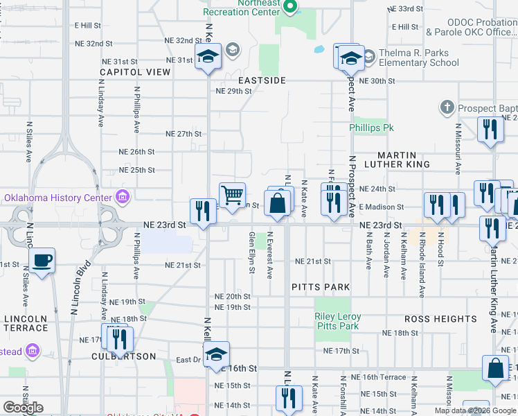 map of restaurants, bars, coffee shops, grocery stores, and more near 1177 East Madison Street in Oklahoma City