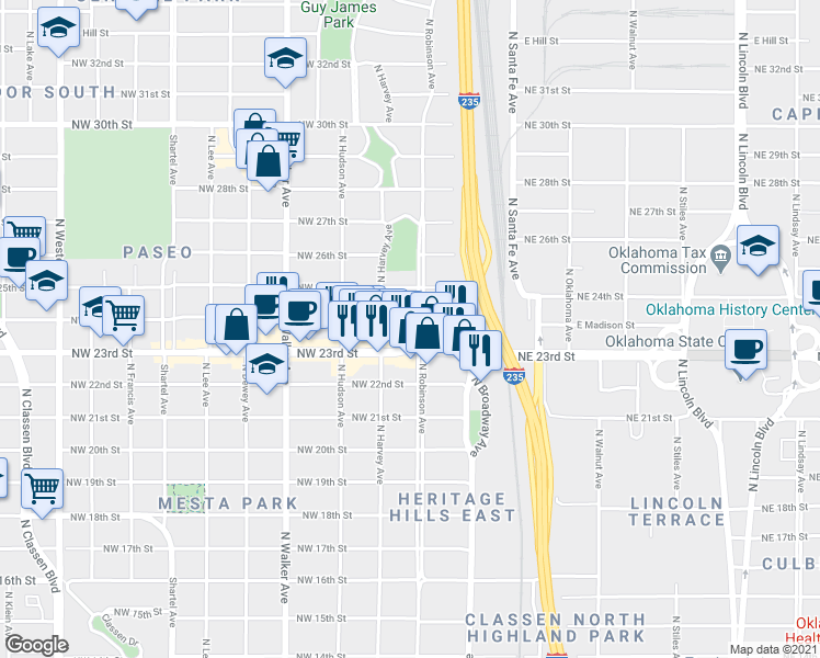map of restaurants, bars, coffee shops, grocery stores, and more near 213 Northwest 24th Street in Oklahoma City