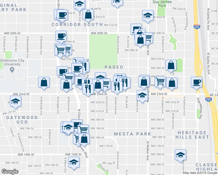map of restaurants, bars, coffee shops, grocery stores, and more near 821 Northwest 24th Street in Oklahoma City