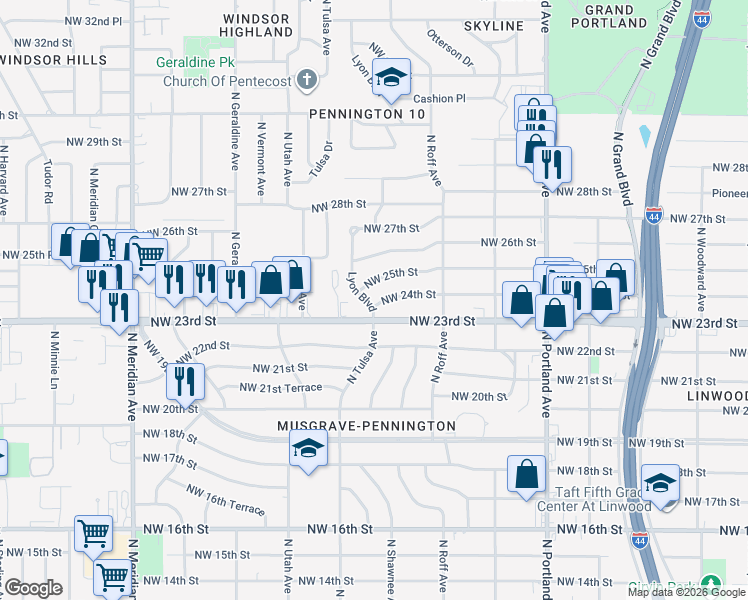 map of restaurants, bars, coffee shops, grocery stores, and more near 2600 Lyon Boulevard in Oklahoma City