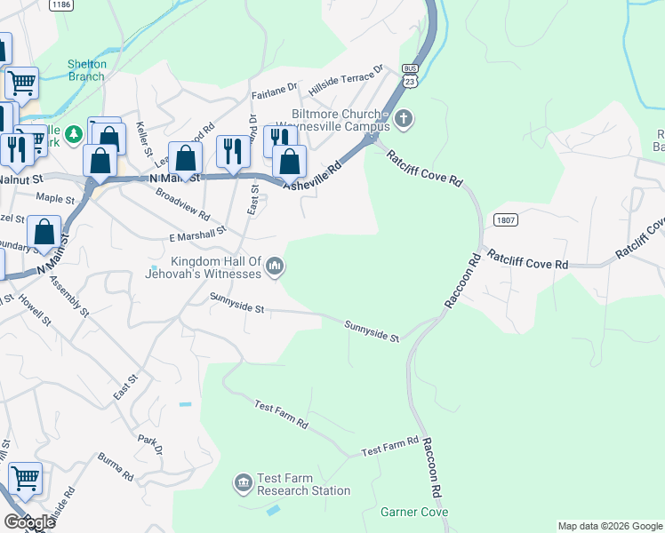 map of restaurants, bars, coffee shops, grocery stores, and more near in Waynesville