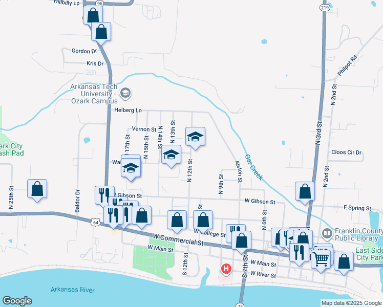 map of restaurants, bars, coffee shops, grocery stores, and more near 700 North 12th Street in Ozark