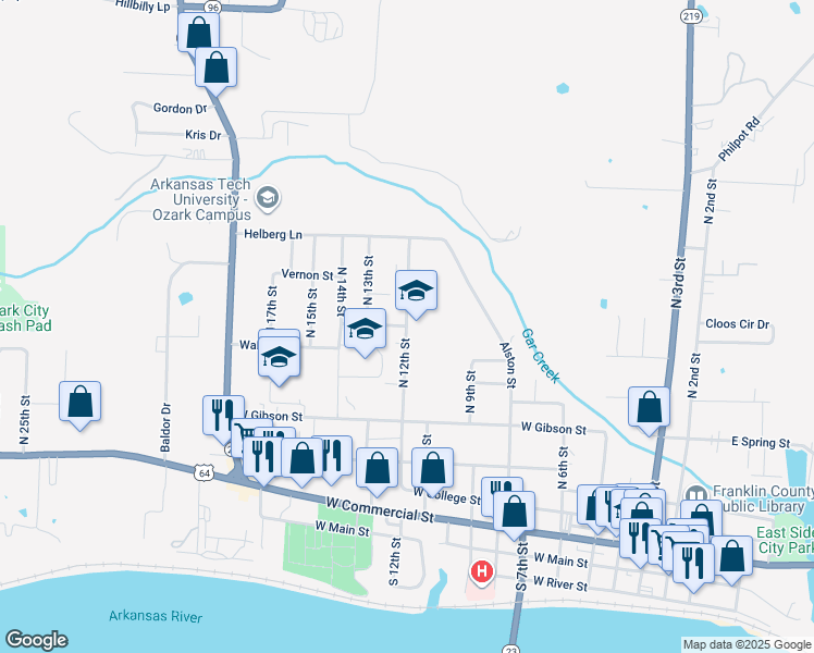 map of restaurants, bars, coffee shops, grocery stores, and more near 700 North 12th Street in Ozark