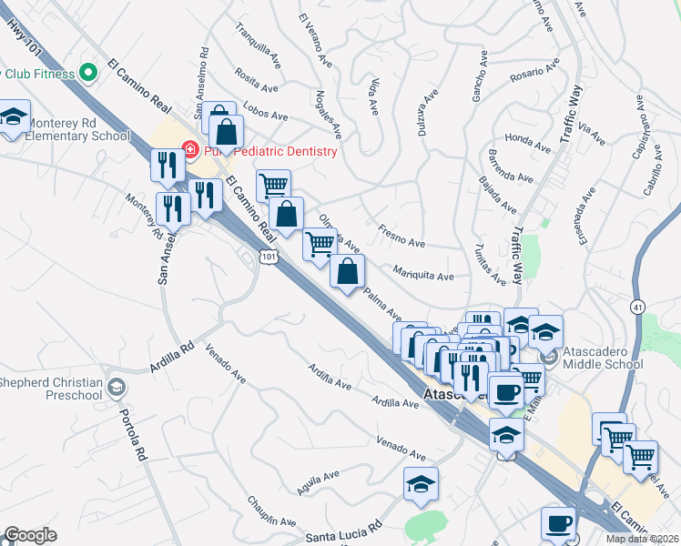 map of restaurants, bars, coffee shops, grocery stores, and more near 5155 Palma Avenue in Atascadero