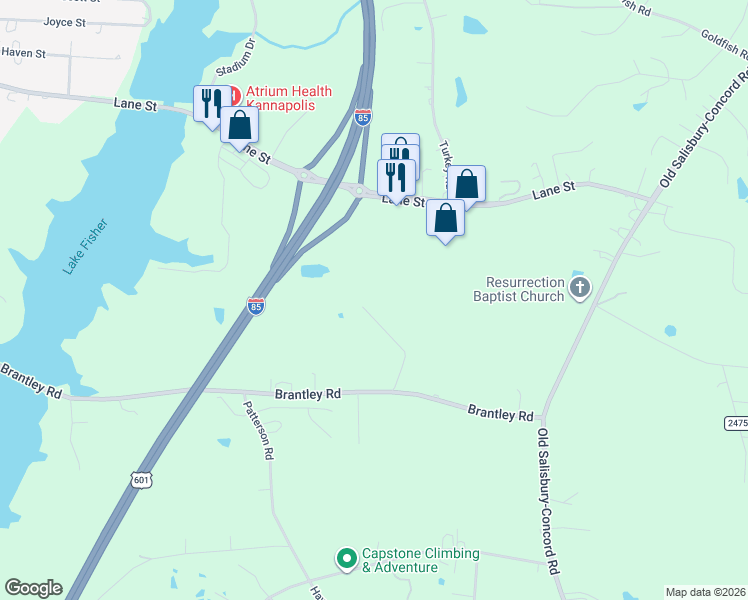 map of restaurants, bars, coffee shops, grocery stores, and more near 5550 Pinebrook Trail in Kannapolis
