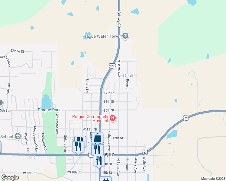 map of restaurants, bars, coffee shops, grocery stores, and more near 1817 North Barta Avenue in Prague