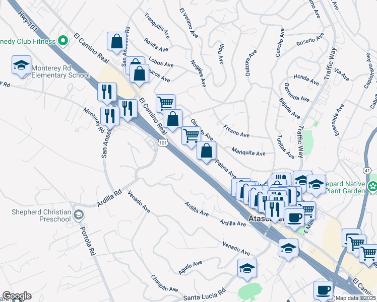 map of restaurants, bars, coffee shops, grocery stores, and more near 5075 El Camino Real in Atascadero