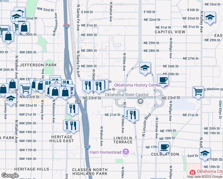 map of restaurants, bars, coffee shops, grocery stores, and more near 205 East Madison Street in Oklahoma City