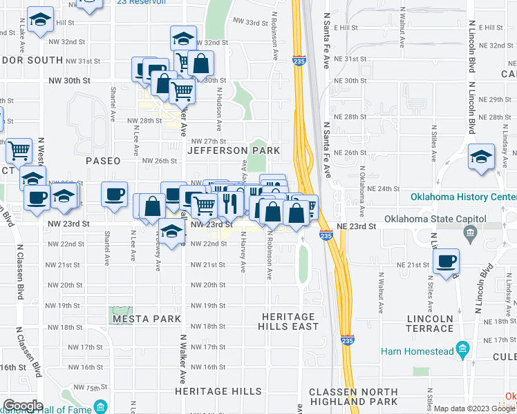 map of restaurants, bars, coffee shops, grocery stores, and more near 213 Northwest 24th Street in Oklahoma City