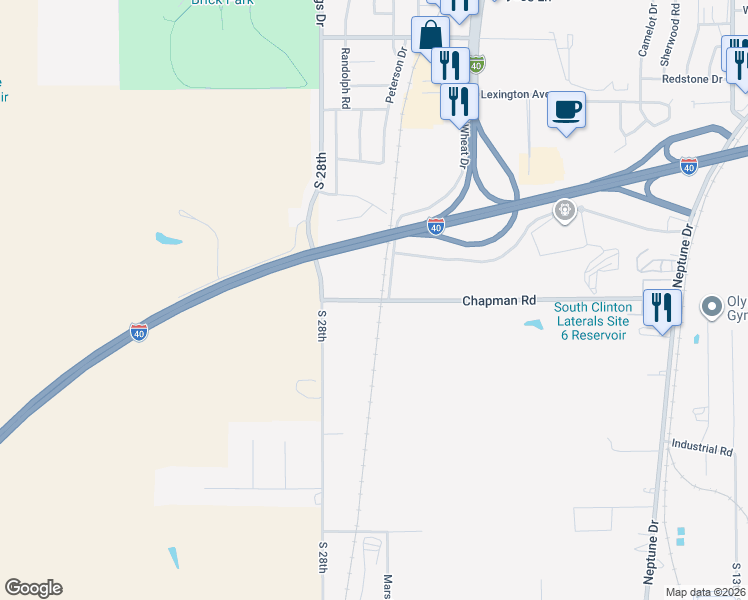 map of restaurants, bars, coffee shops, grocery stores, and more near 2601 Chapman Road in Clinton
