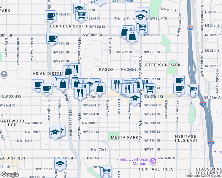map of restaurants, bars, coffee shops, grocery stores, and more near 733 Northwest 24th Street in Oklahoma City