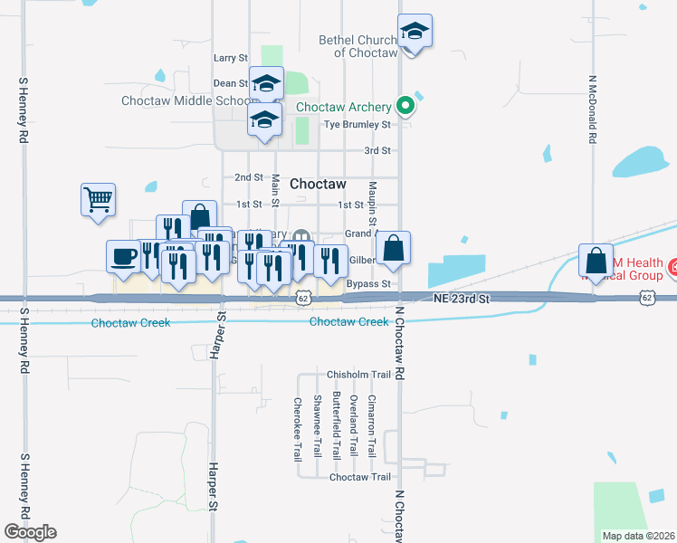 map of restaurants, bars, coffee shops, grocery stores, and more near 2492 Clarke Street in Choctaw