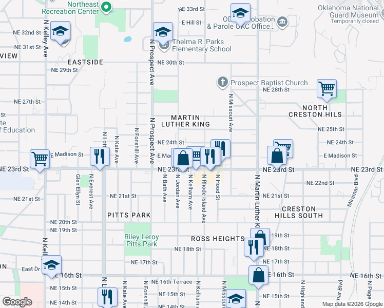 map of restaurants, bars, coffee shops, grocery stores, and more near 1705 East Madison Street in Oklahoma City
