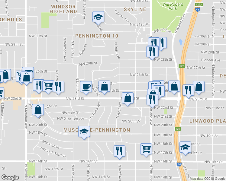 map of restaurants, bars, coffee shops, grocery stores, and more near Northwest 24th Street in Oklahoma City