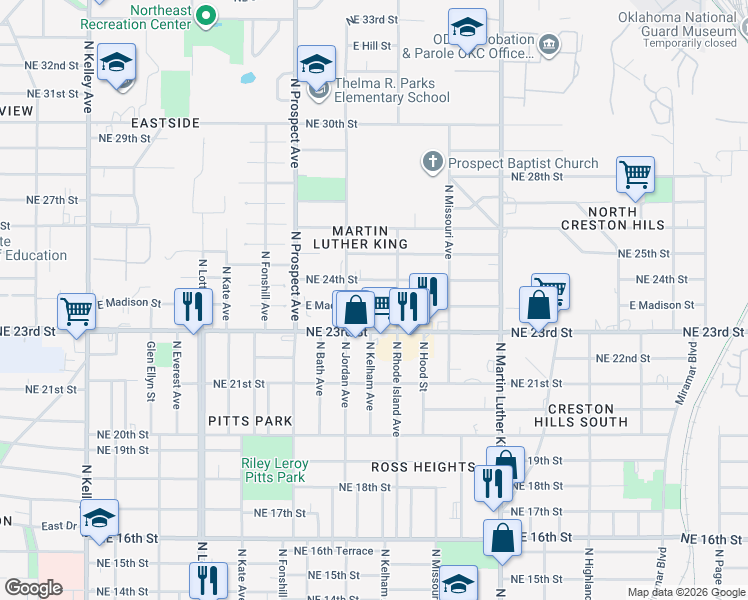 map of restaurants, bars, coffee shops, grocery stores, and more near 1705 East Madison Street in Oklahoma City