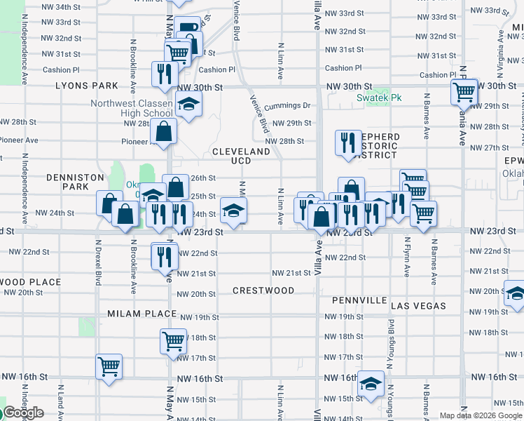 map of restaurants, bars, coffee shops, grocery stores, and more near 2625 Northwest 24th Street in Oklahoma City