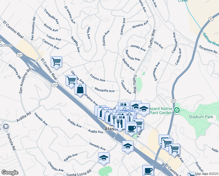 map of restaurants, bars, coffee shops, grocery stores, and more near 5415 Mariquita Avenue in Atascadero