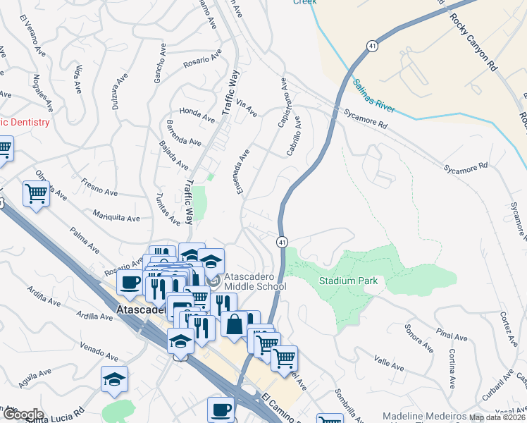 map of restaurants, bars, coffee shops, grocery stores, and more near 6755 Country Club Drive in Atascadero