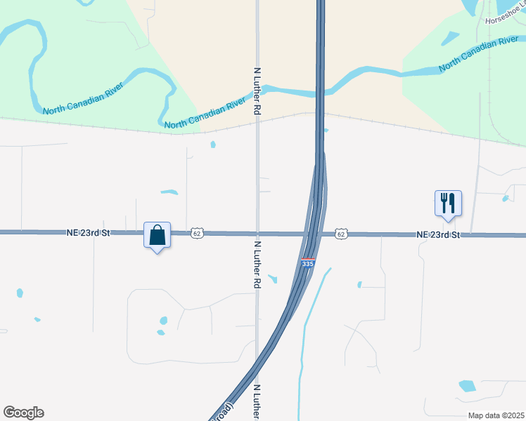 map of restaurants, bars, coffee shops, grocery stores, and more near 2502 North Luther Road in Harrah
