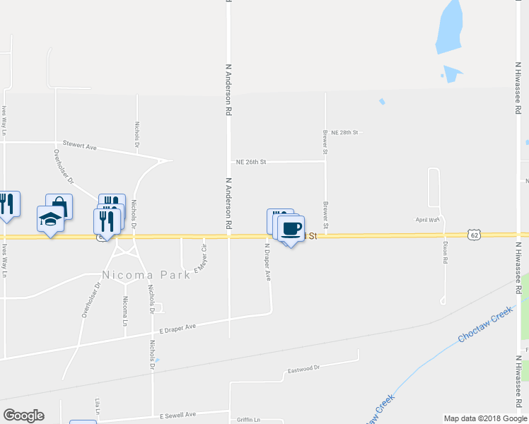 map of restaurants, bars, coffee shops, grocery stores, and more near 12007 Northeast 23rd Street in Choctaw