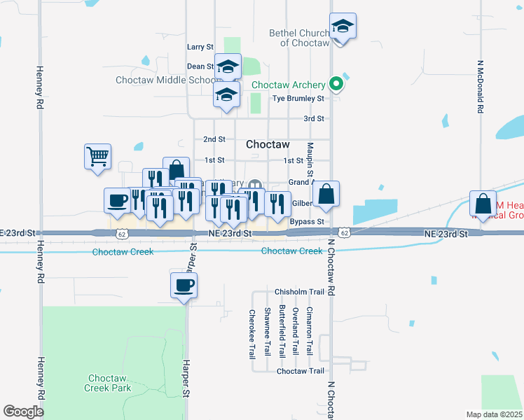 map of restaurants, bars, coffee shops, grocery stores, and more near 2420 Muzzy Street in Choctaw