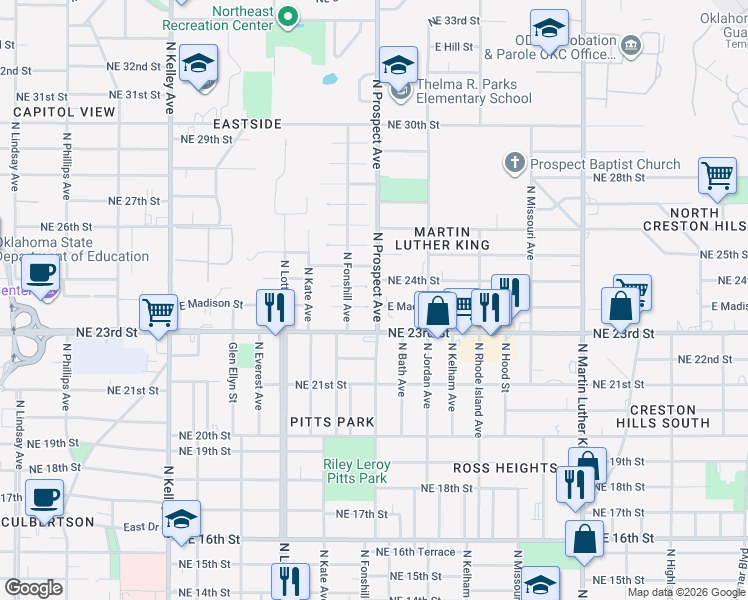 map of restaurants, bars, coffee shops, grocery stores, and more near 1509 East Madison Street in Oklahoma City