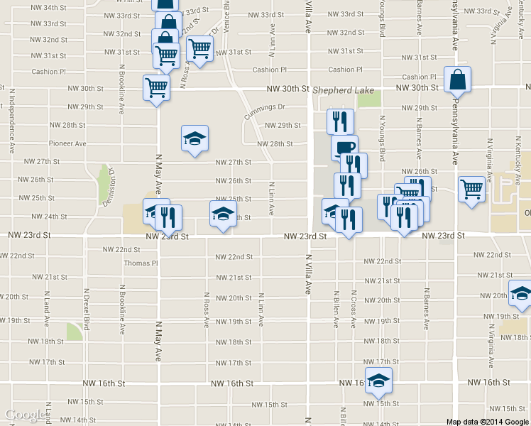 map of restaurants, bars, coffee shops, grocery stores, and more near 2545 Northwest 24th Street in Oklahoma City