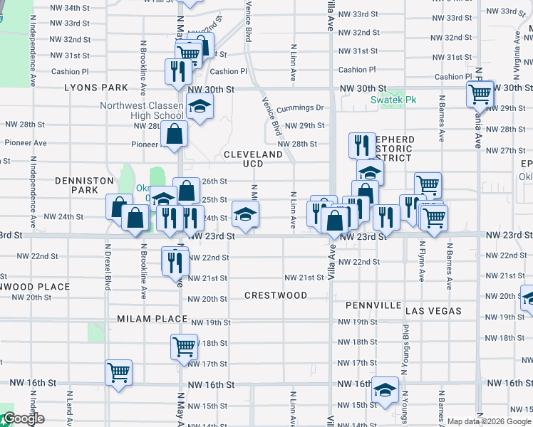map of restaurants, bars, coffee shops, grocery stores, and more near 2625 Northwest 24th Street in Oklahoma City