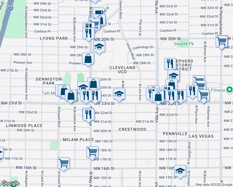 map of restaurants, bars, coffee shops, grocery stores, and more near 2701 Northwest 24th Street in Oklahoma City