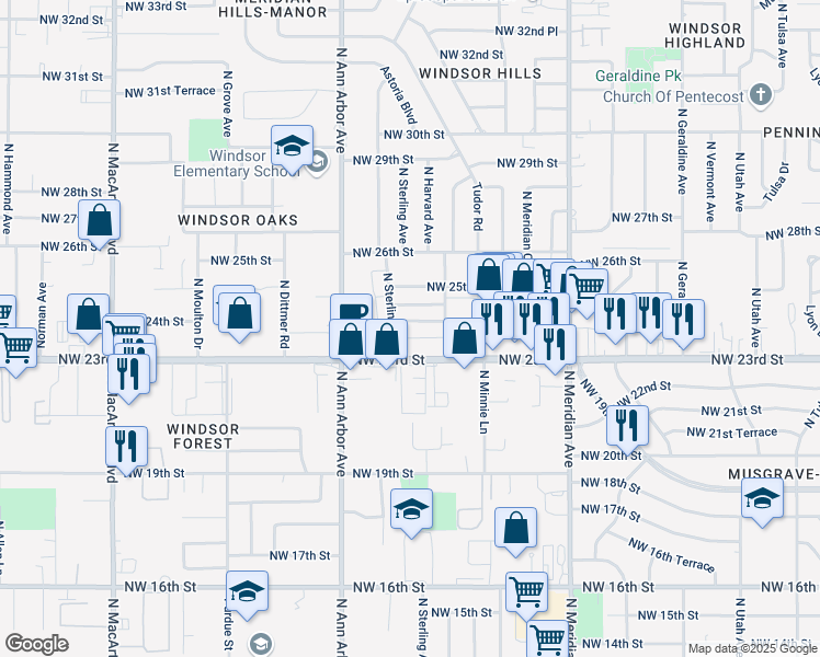 map of restaurants, bars, coffee shops, grocery stores, and more near 2501 North Sterling Avenue in Oklahoma City