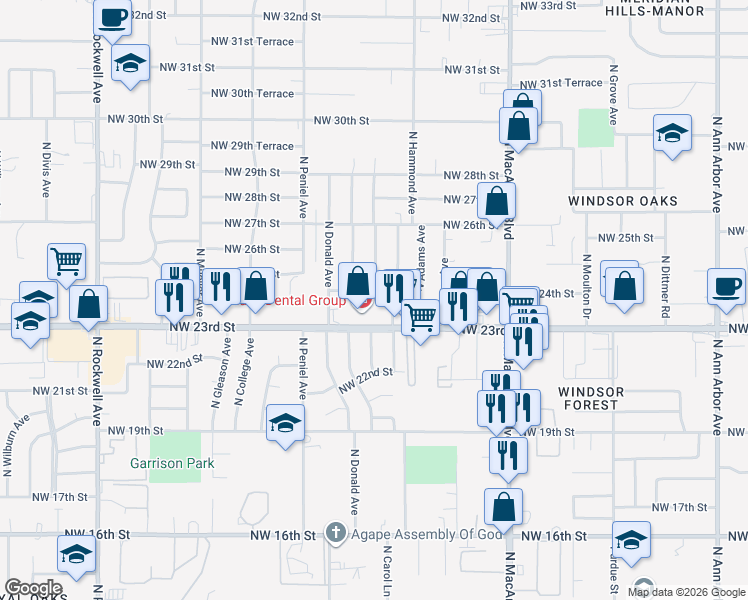map of restaurants, bars, coffee shops, grocery stores, and more near 6204 Northwest 24th Street in Oklahoma City