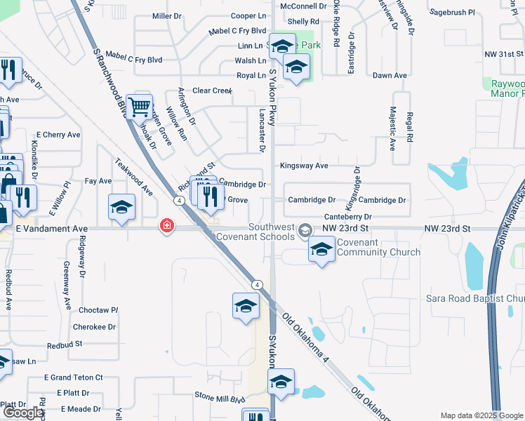 map of restaurants, bars, coffee shops, grocery stores, and more near 1201 Valley Forge Drive in Yukon