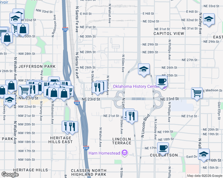 map of restaurants, bars, coffee shops, grocery stores, and more near 229 East Madison Street in Oklahoma City