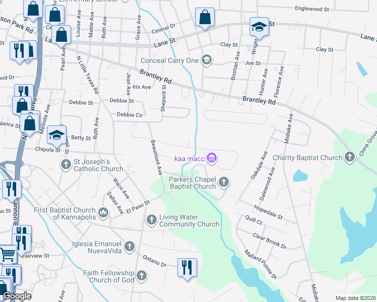 map of restaurants, bars, coffee shops, grocery stores, and more near 1516 Kingston Drive in Kannapolis